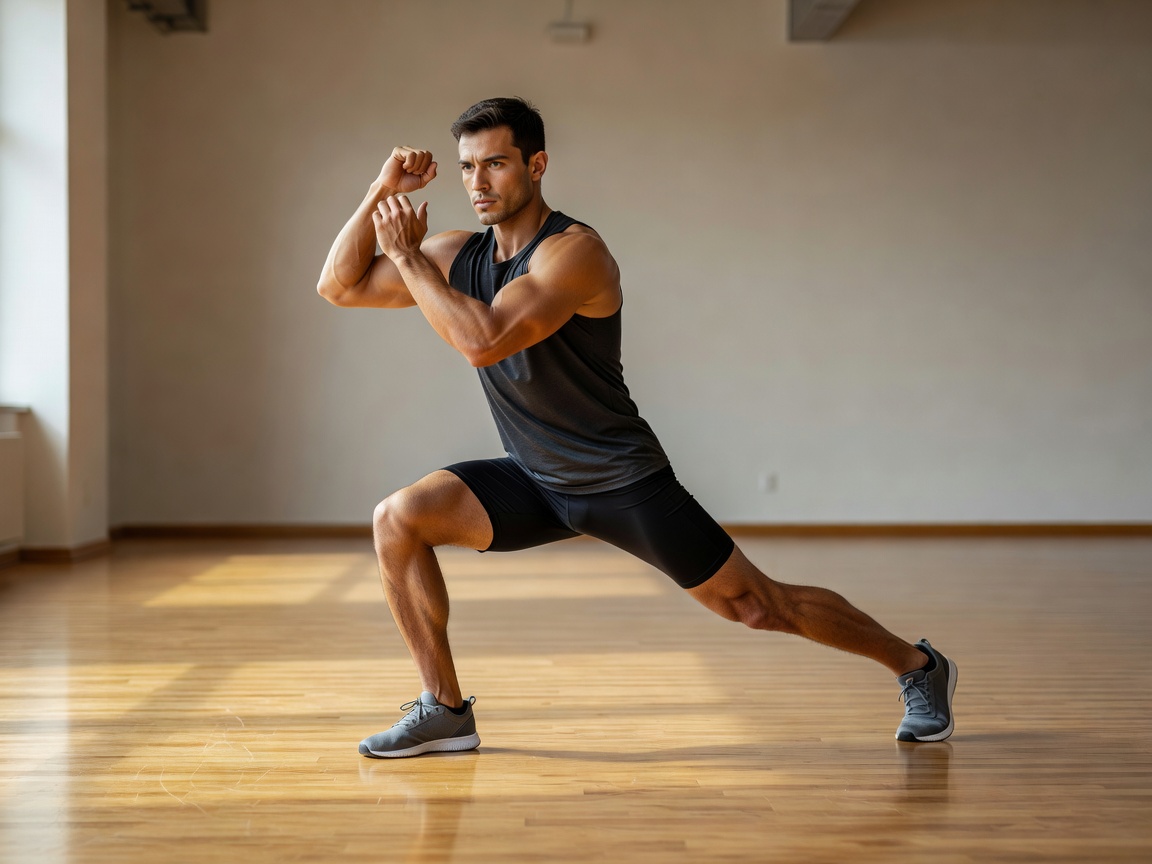 Athlete performing controlled articular rotations on an athletic wooden studio floor