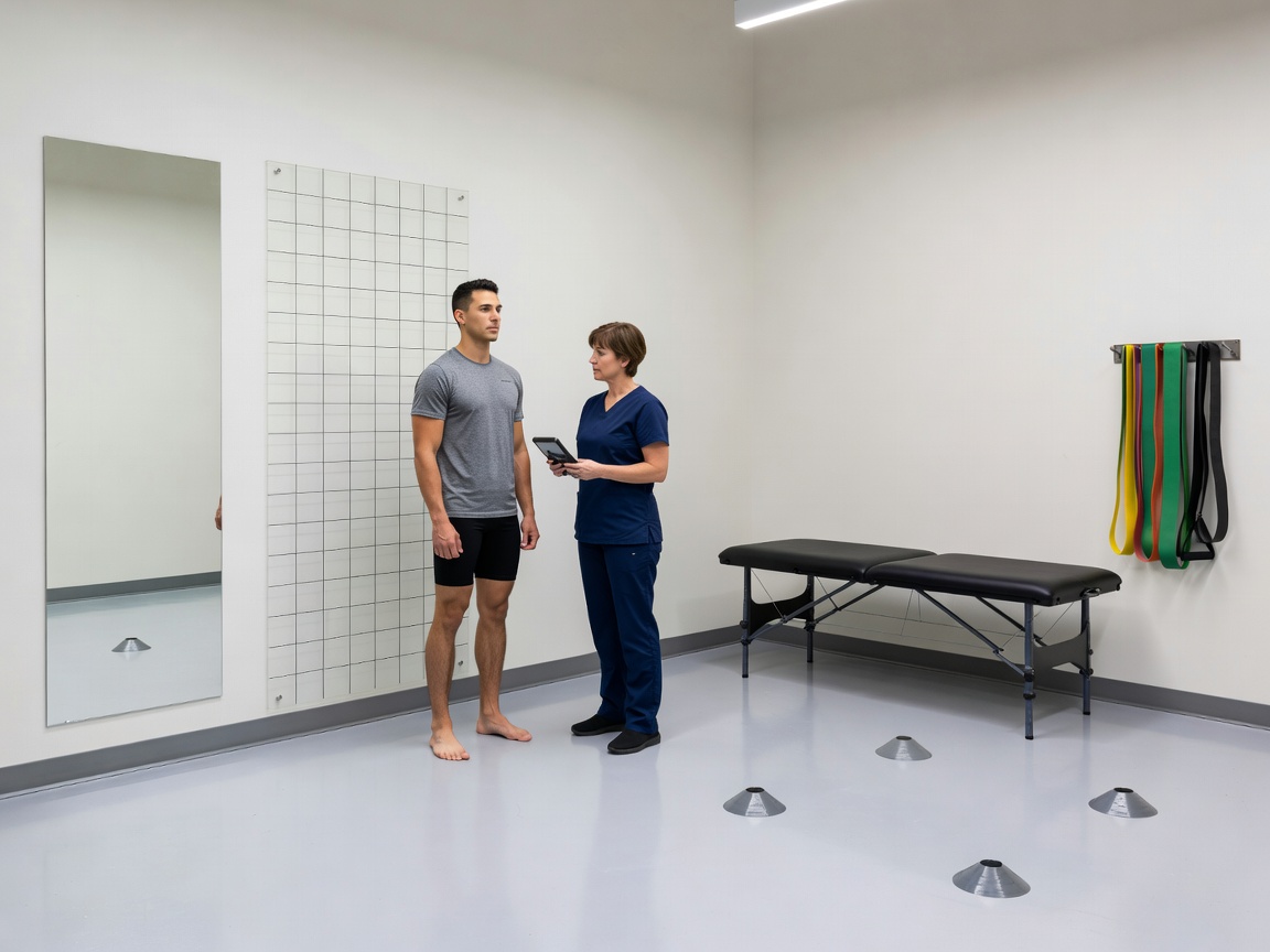 Athletic assessment room showing posture check area and mobility testing setup