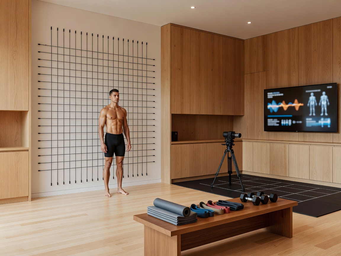 Athletic assessment room with posture grid, movement analysis area, and calm timber accents