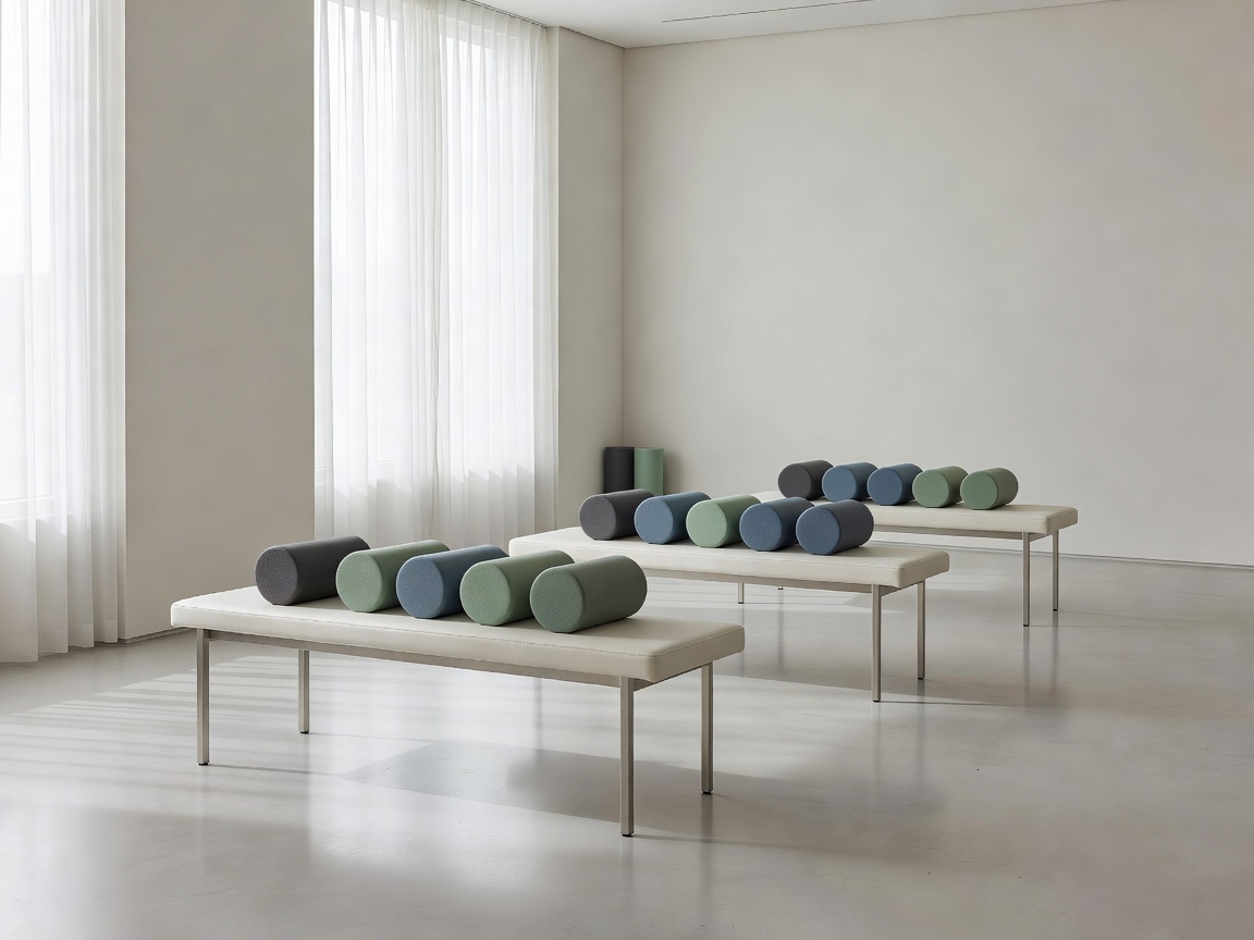 Athletic recovery studio interior with clean recovery benches, foam rollers, and gentle daylight