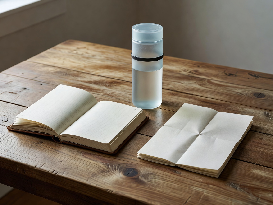 Athletic training journal, hydration bottle, and recovery schedule resting on a calm wooden surface
