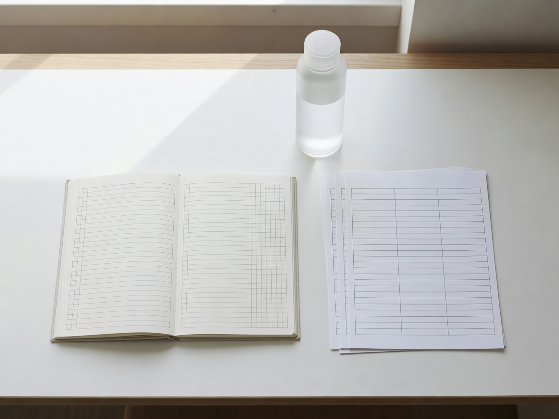 Clean planning desk with structured training journal, hydration bottle, and timing schedules