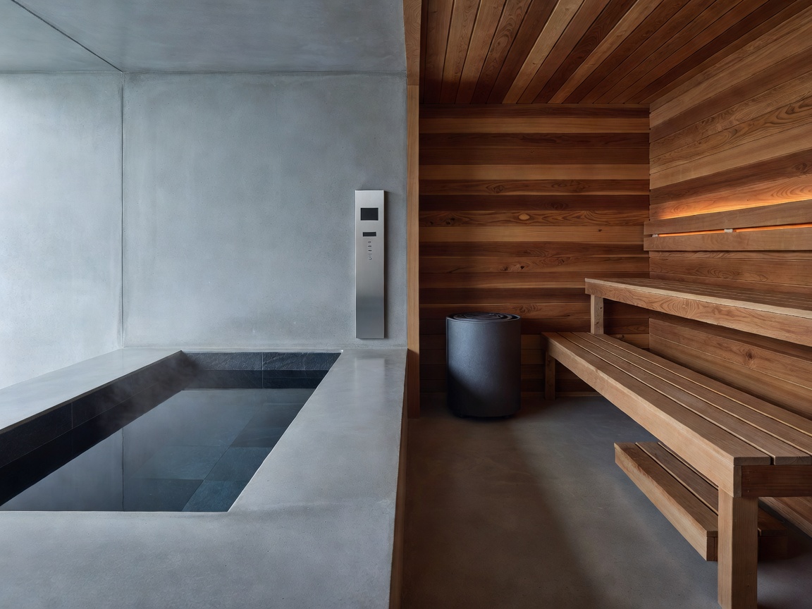 Minimalist thermal contrast suite showing temperature-controlled cold plunge basin and warm timber dry sauna