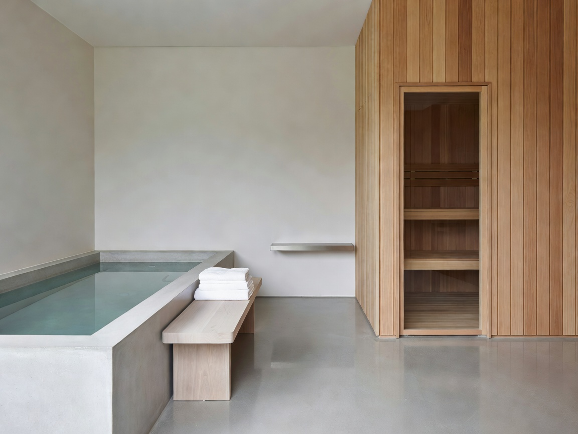 Minimalist thermal therapy lounge with cold plunge tub and dry cedar sauna space