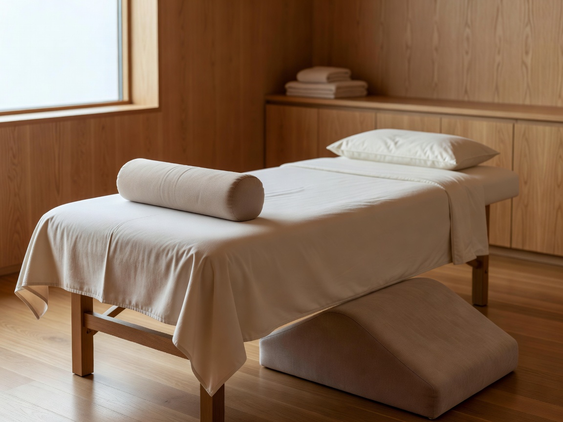 Serene sports massage suite with neutral linens, natural wood finishes, and specialized support bolsters