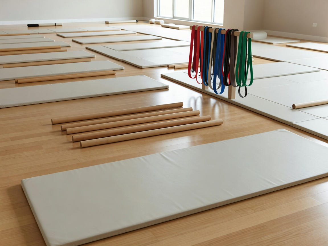 Spacious mobility area with wooden dowels, resistance bands, and clean athletic mats