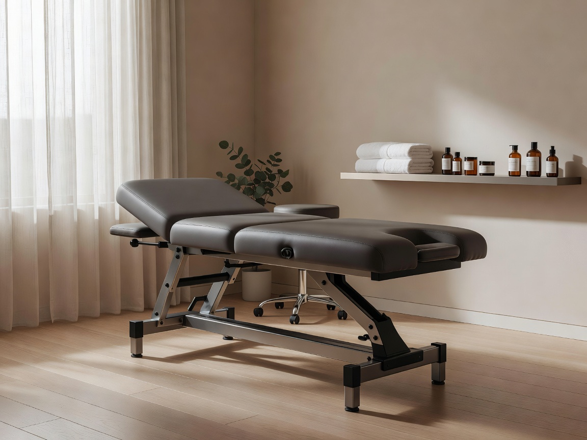 Specialized sports massage treatment table in a serene, softly lit recovery room